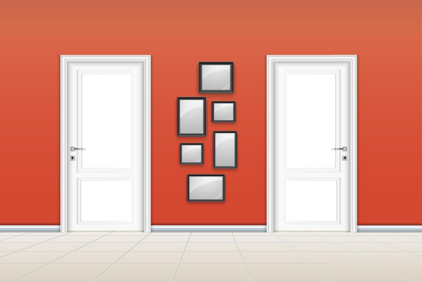 salón interior con puerta cerrada y marcos vacíos en la pared naranja vector