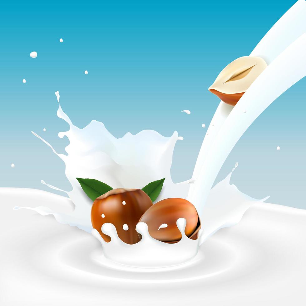 leche que fluye y avellanas vector