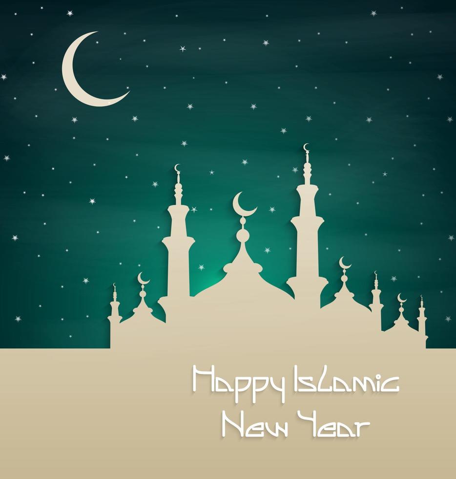 Vector illustration of Islamic new year with silhouette mosque at night