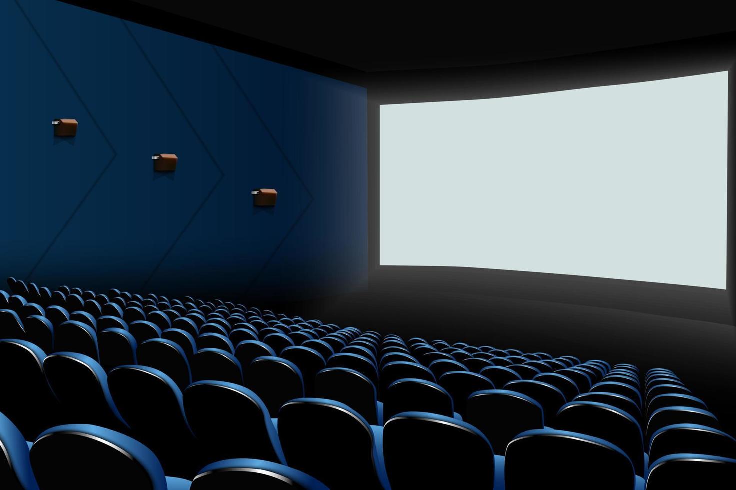 auditorio de cine con asientos azules y pantalla blanca en blanco vector