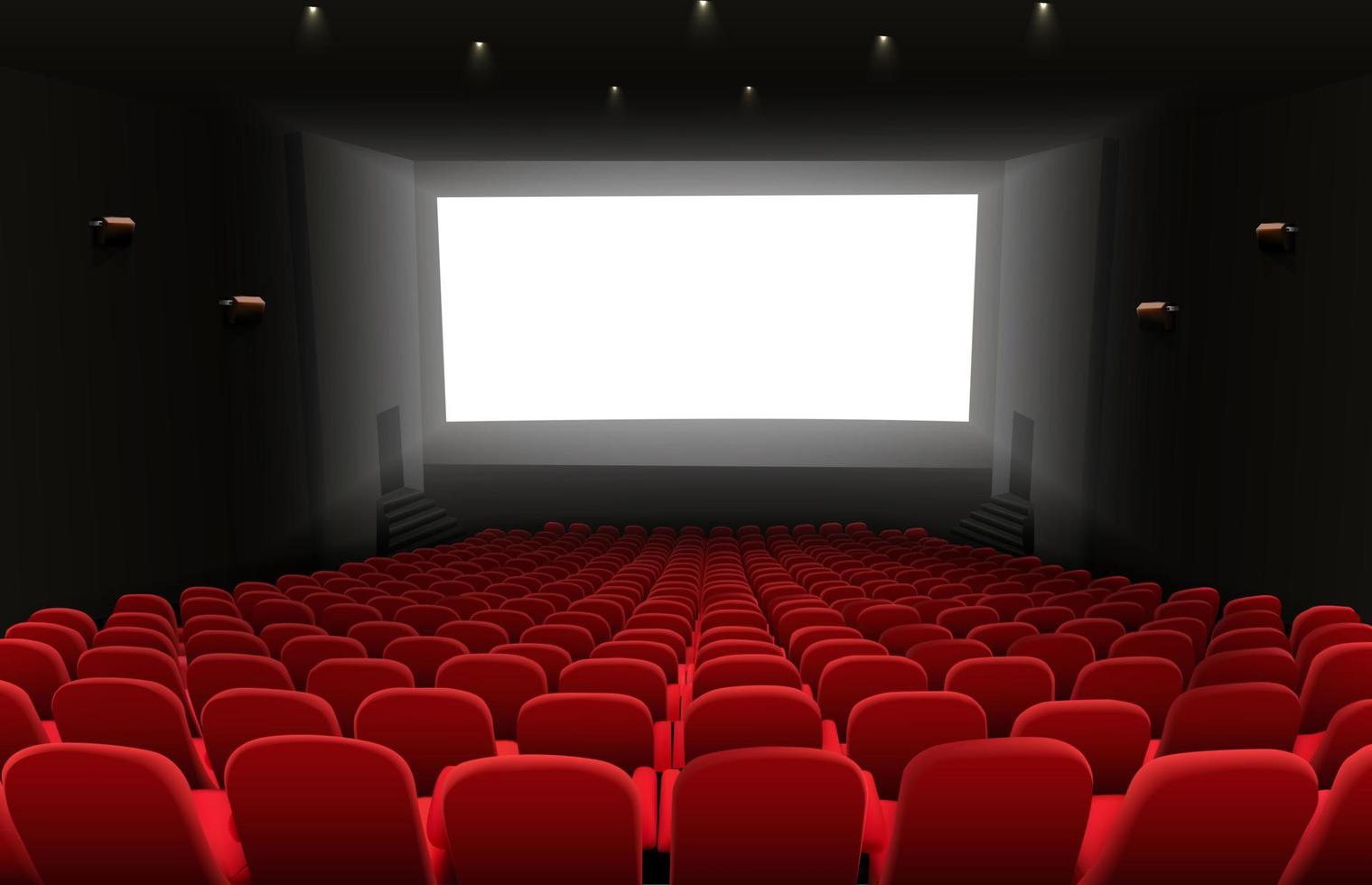 Cinema auditorium with red seats and white blank bright screen vector