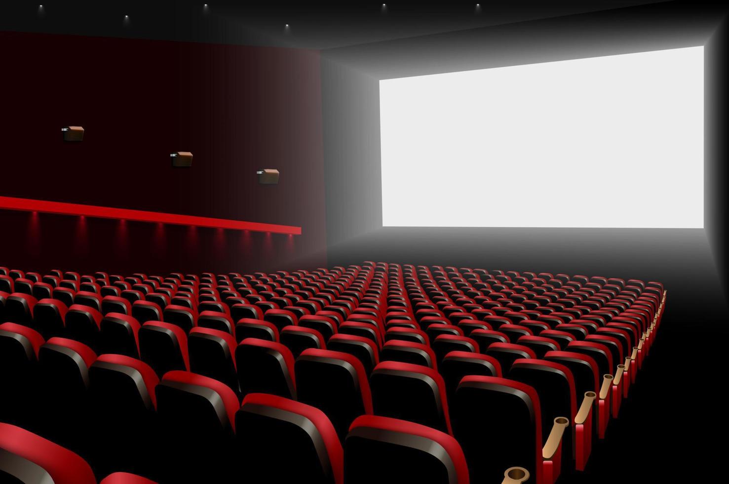 auditorio de cine con asientos rojos y pantalla blanca en blanco vector