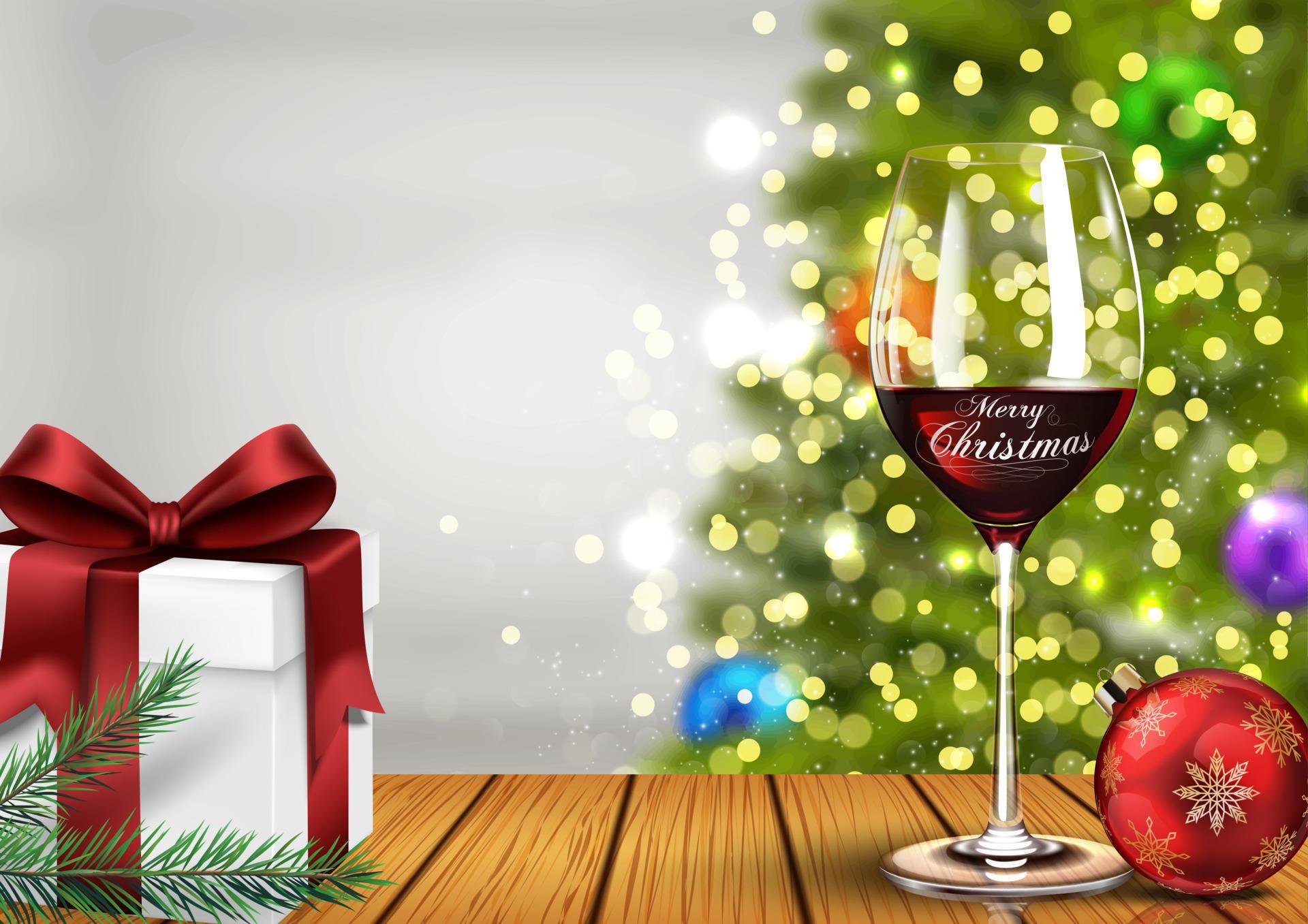 Vector illustration of Christmas wine glass with gift boxes and