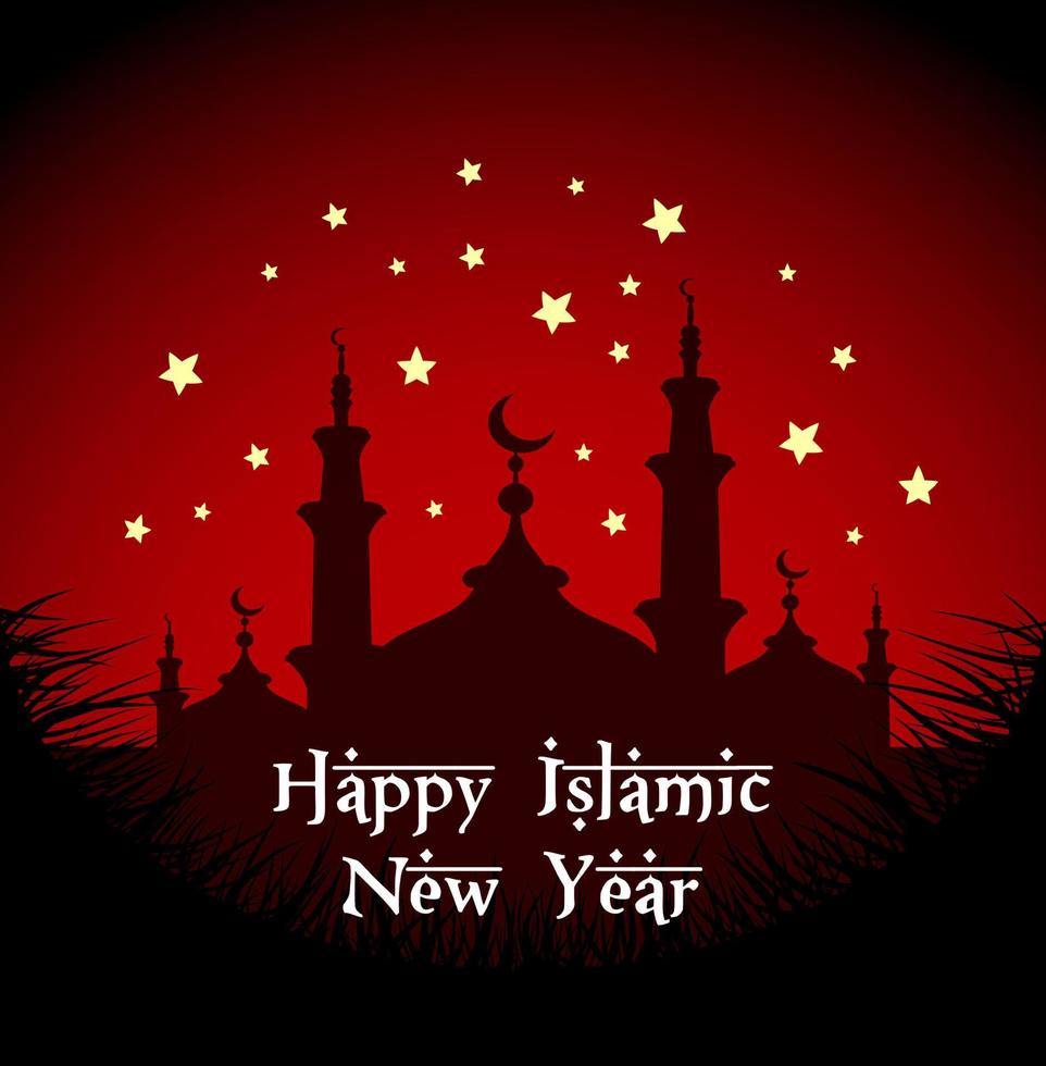 Happy islamic new year with silhouette mosque at night vector