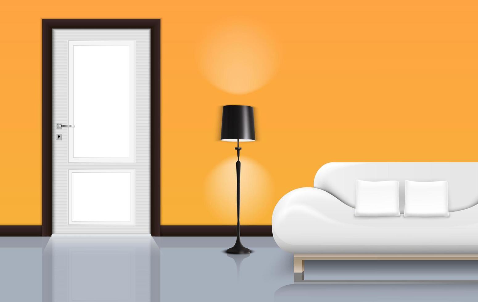 Vector illustration of Orange wall background with a floor lamp and white sofa