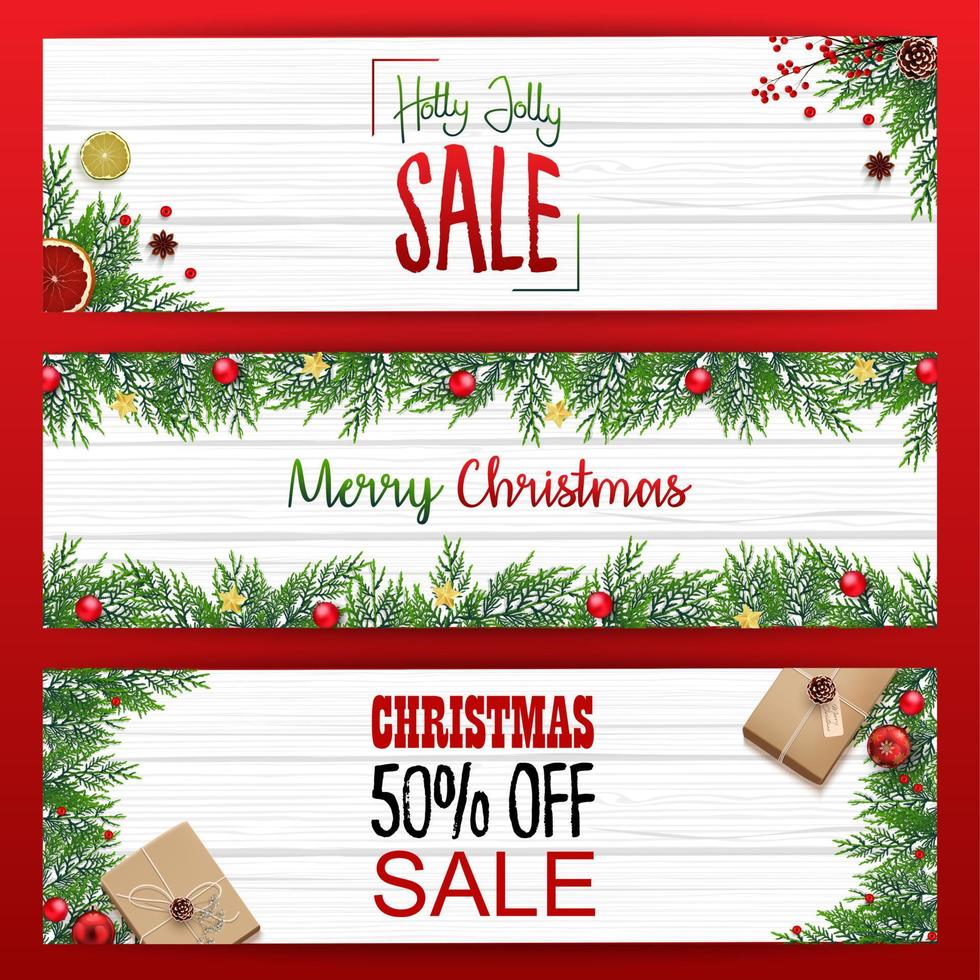 Vector illustration of Set of christmas banners sale with fir branches and red christmas balls