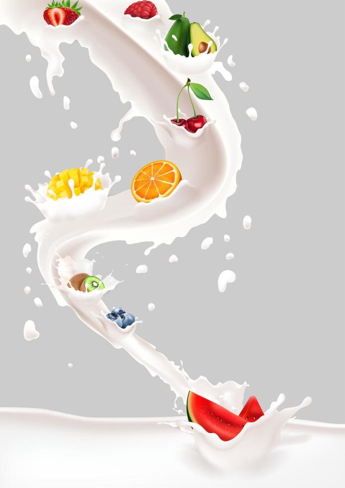 Salpicadura de leche con mezcla de frutas sobre fondo blanco. vector