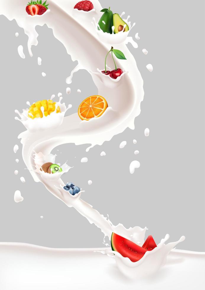 Milk splash with fruits mix on white background vector