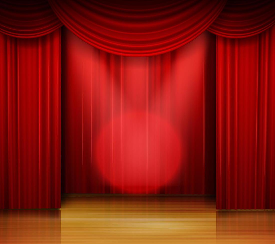 Empty stage with red curtain and spotlight on wooden floor vector