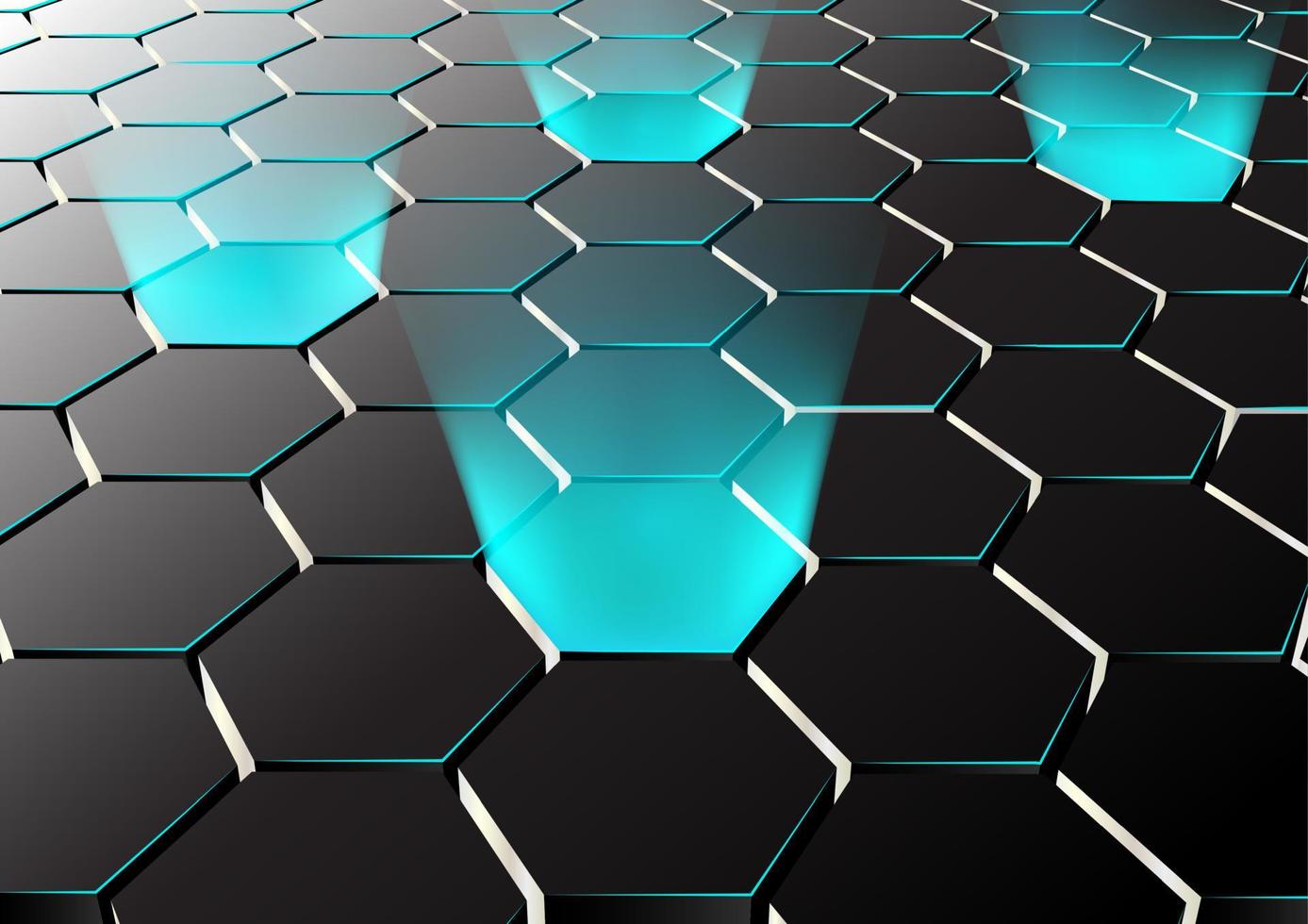 Vector illustration of Perspective hexagonal background with blue lights