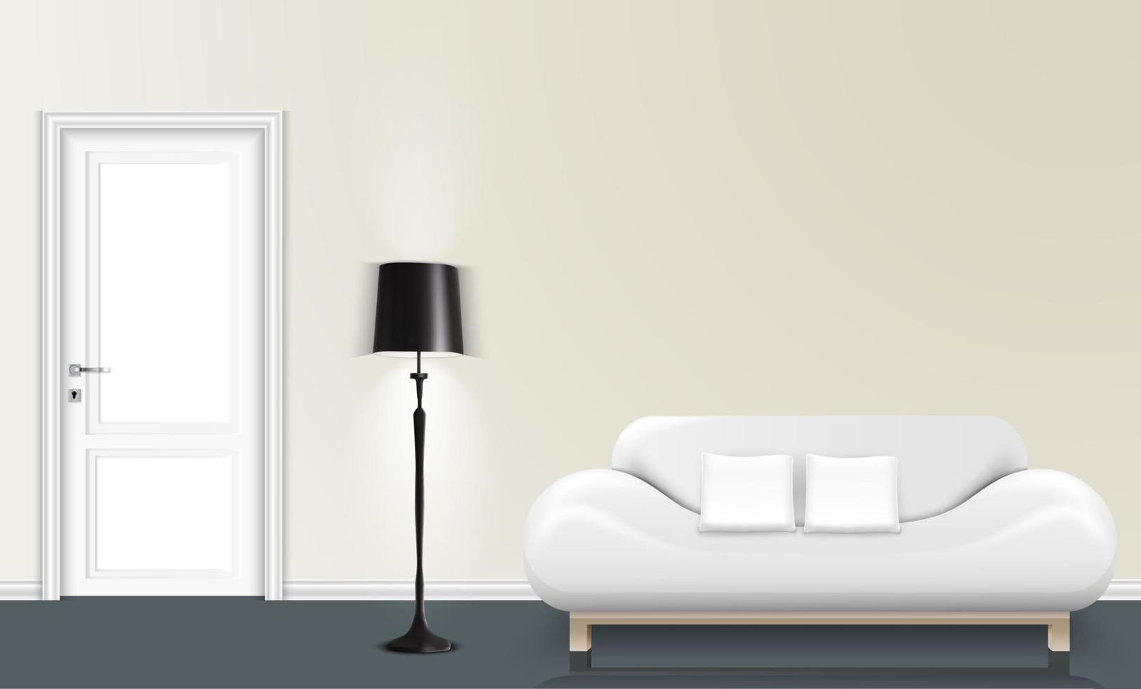 Vector illustration of White wall background with a floor lamp and white sofa