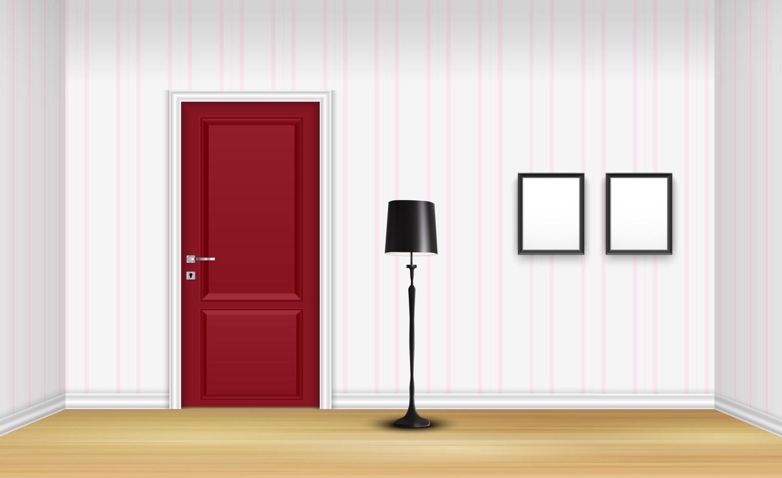 Closed red door with floor lamp and frames on striped wall background vector