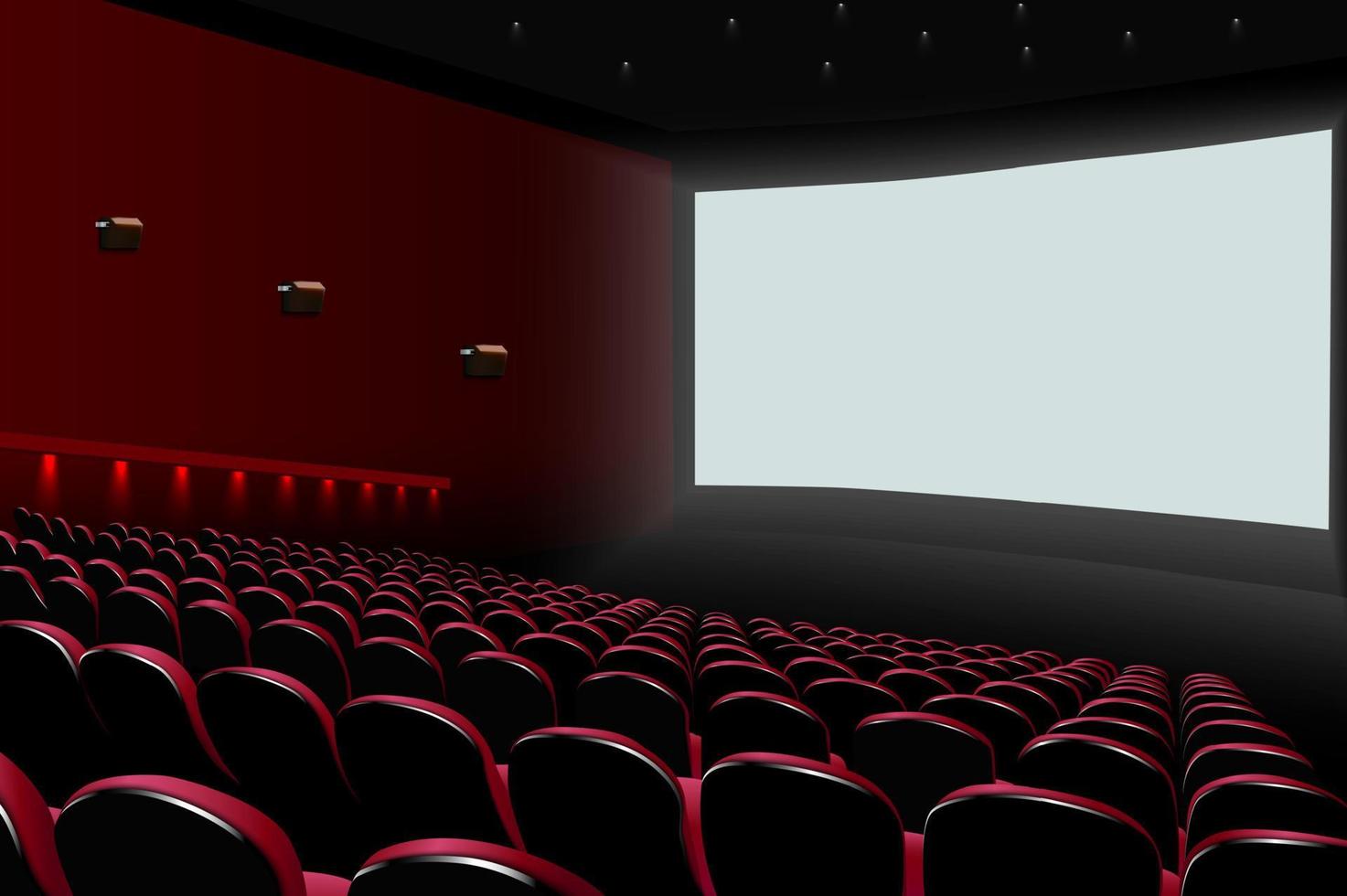 auditorio de cine con asientos rojos y pantalla blanca en blanco vector