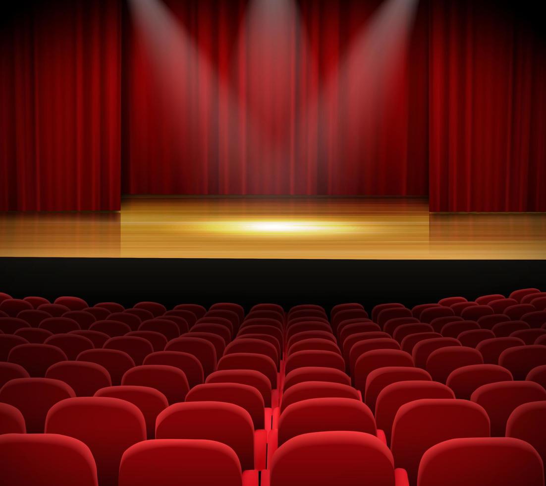 Empty stage with red curtain and spotlight on wooden floor vector