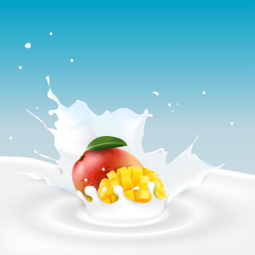 salpicaduras de leche con ilustración de mango vector