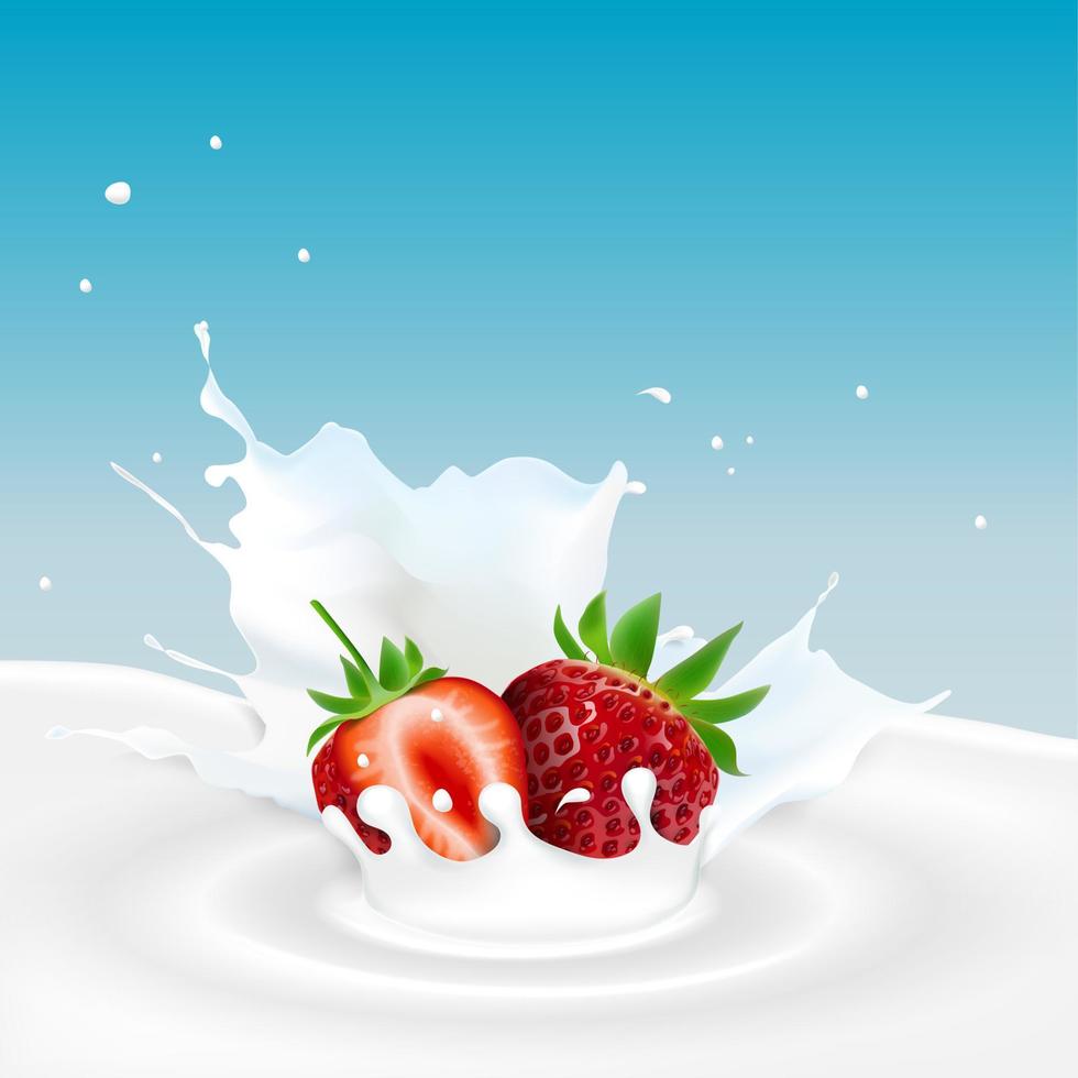 ilustración vectorial de salpicaduras de leche con fresas vector