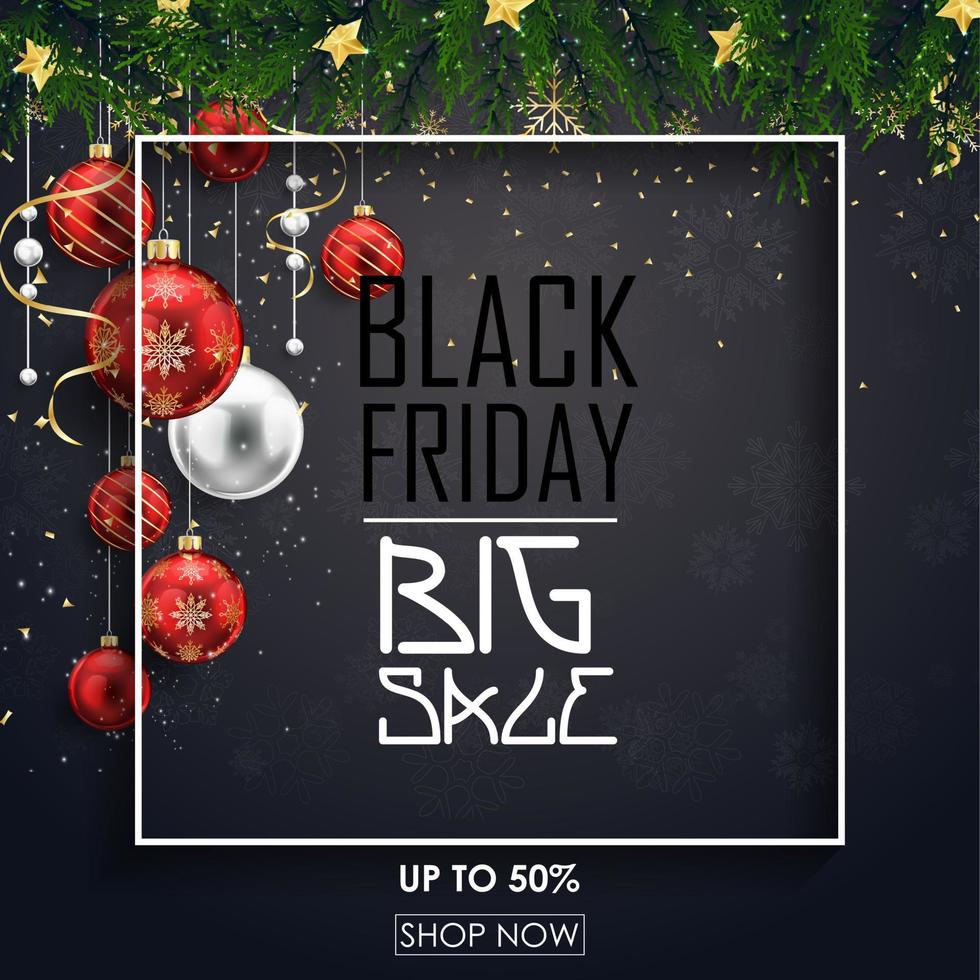 Vector illustration of Black friday sale poster with red christmas balls and fir branches on black background