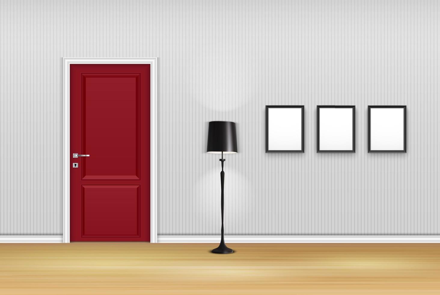 ilustración vectorial del interior de la sala de estar con puerta cerrada, lámpara y marcos vacíos en la pared vector