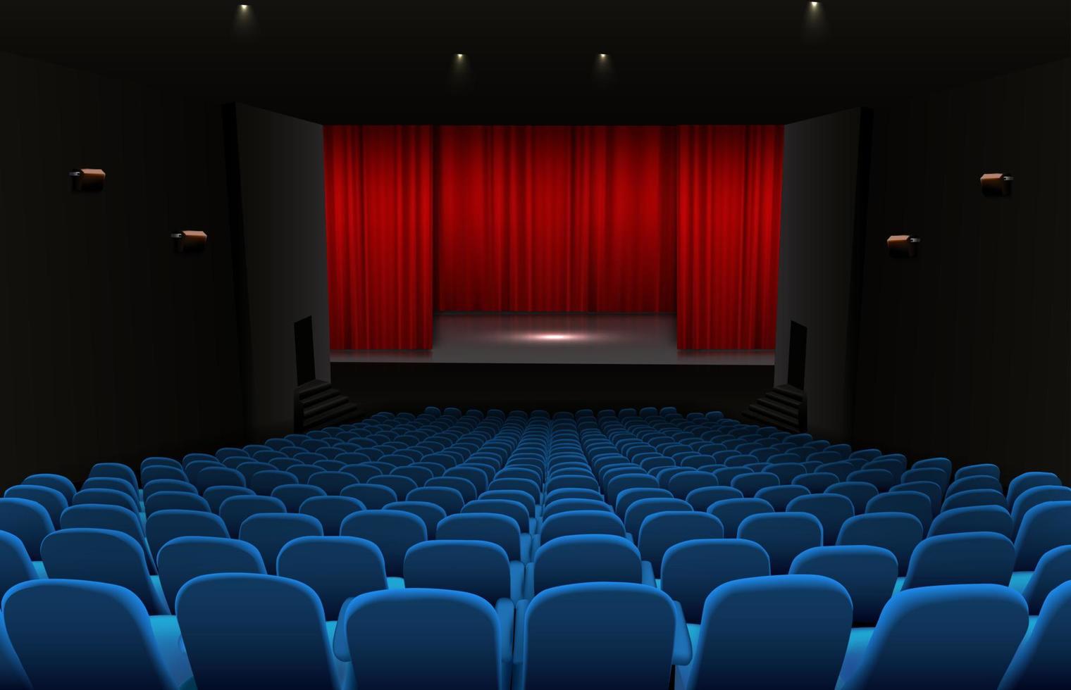 Theater stage with red curtains and blue seats vector