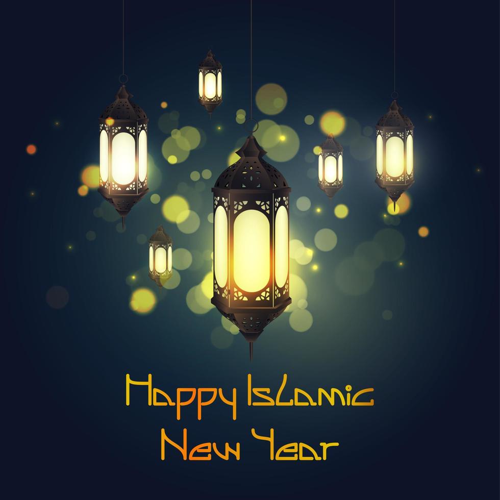 Happy new Hijri year with hanging lantern on bokeh background vector