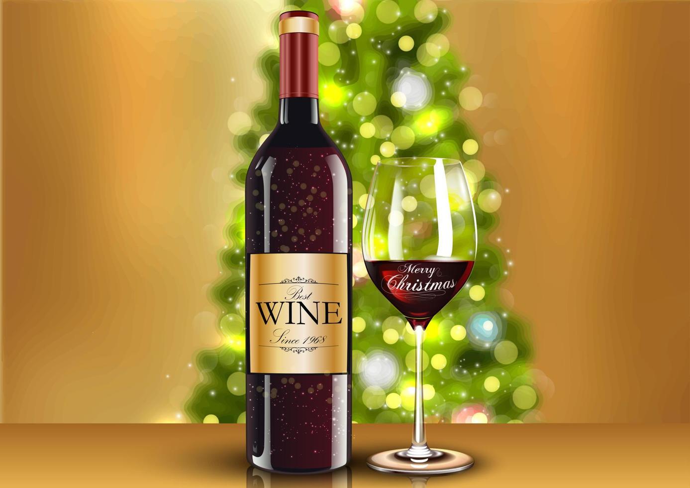 copa de vino de navidad con botella de vino y árbol de navidad borroso vector