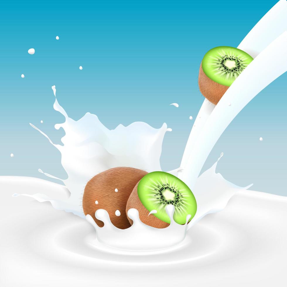 ilustración de kiwis y salpicaduras de leche vector