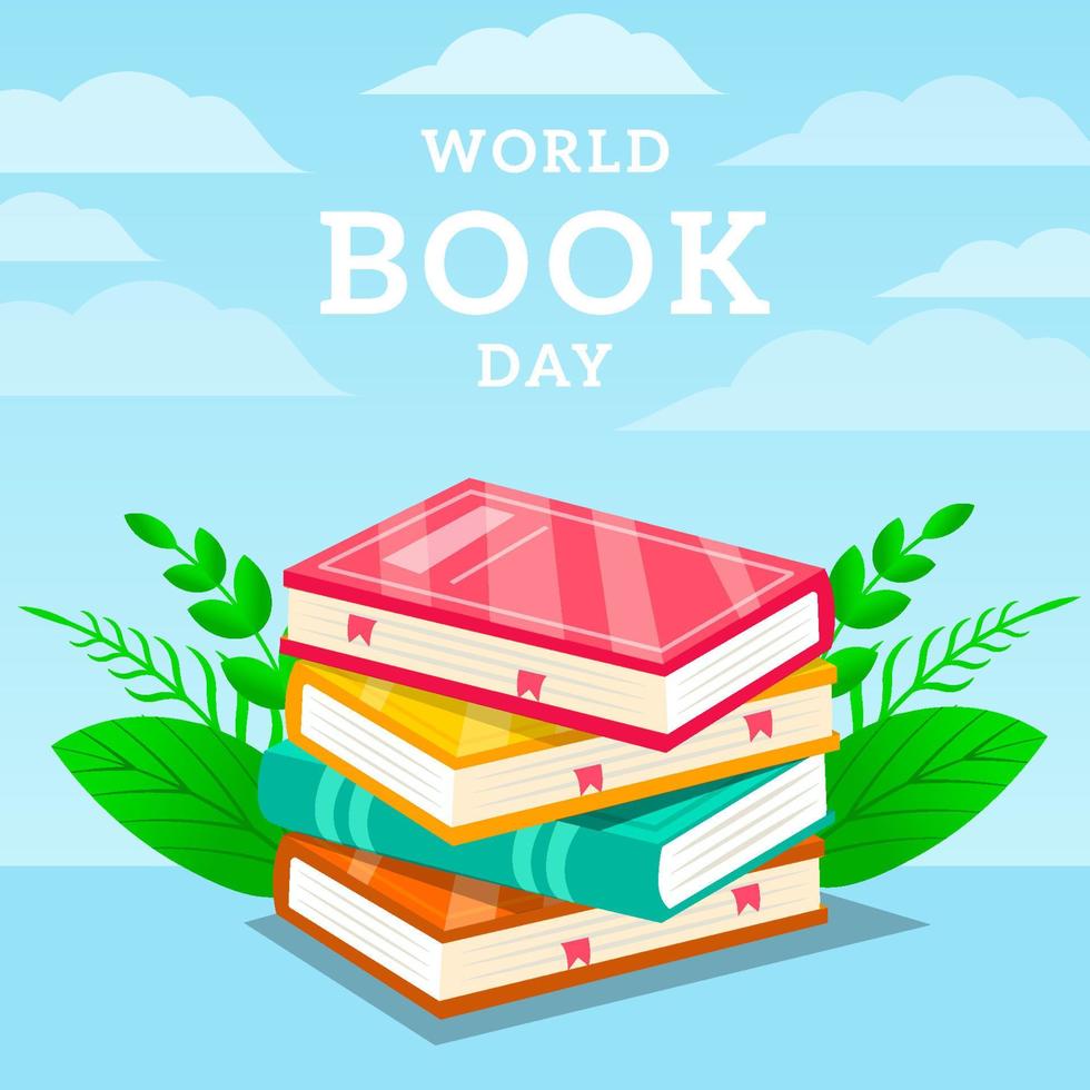 día mundial del libro con plantas y nubes vector