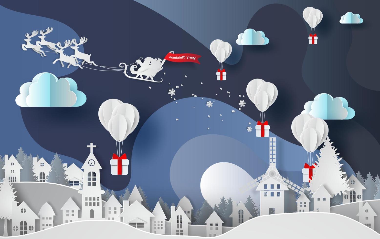 arte de papel y artesanía de regalo de globos en forma de curva abstracta fondo de cielo azul,ciudad de paisaje temporada de invierno,temporada de nieve en la ciudad.vector.ilustración vector