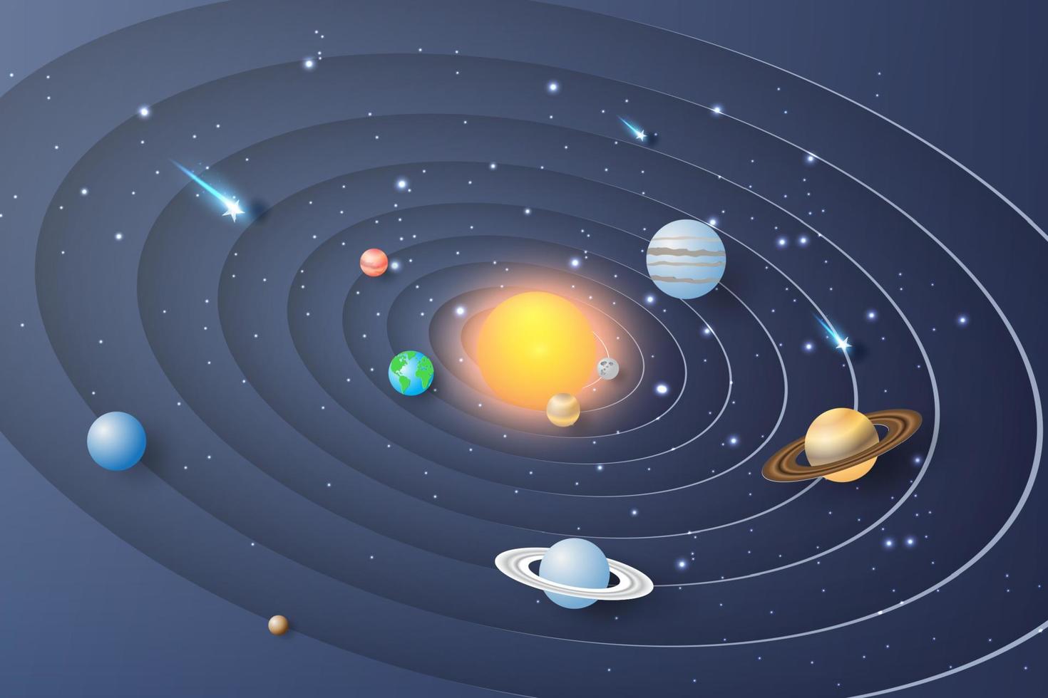 arte en papel del fondo del círculo del sistema solar.los planetas giran alrededor del sol.la galaxia está llena de estrellas.vector,ilustración vector