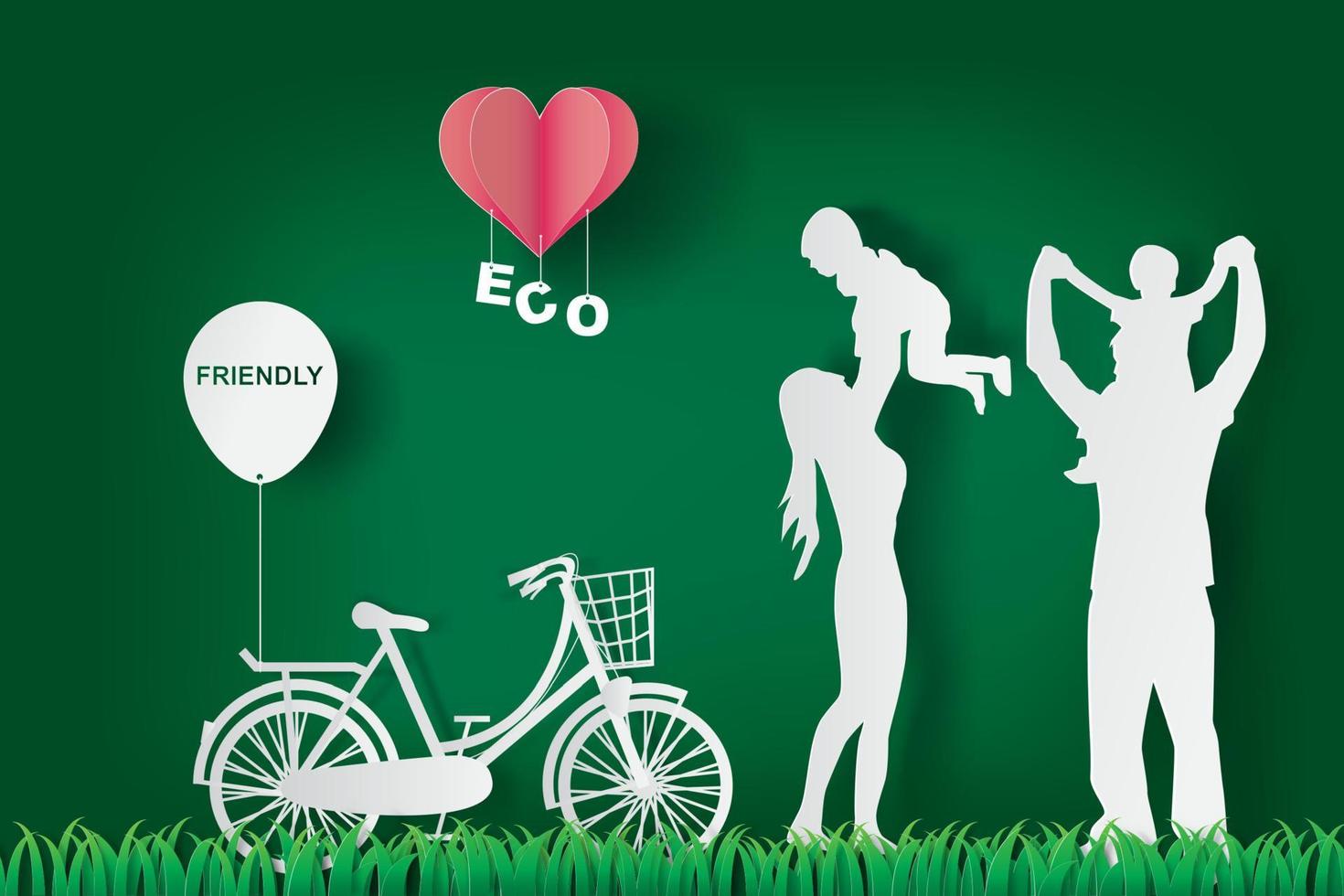 Green background happy family having fun playing in the field,eco,friendly,heart,paper art vector