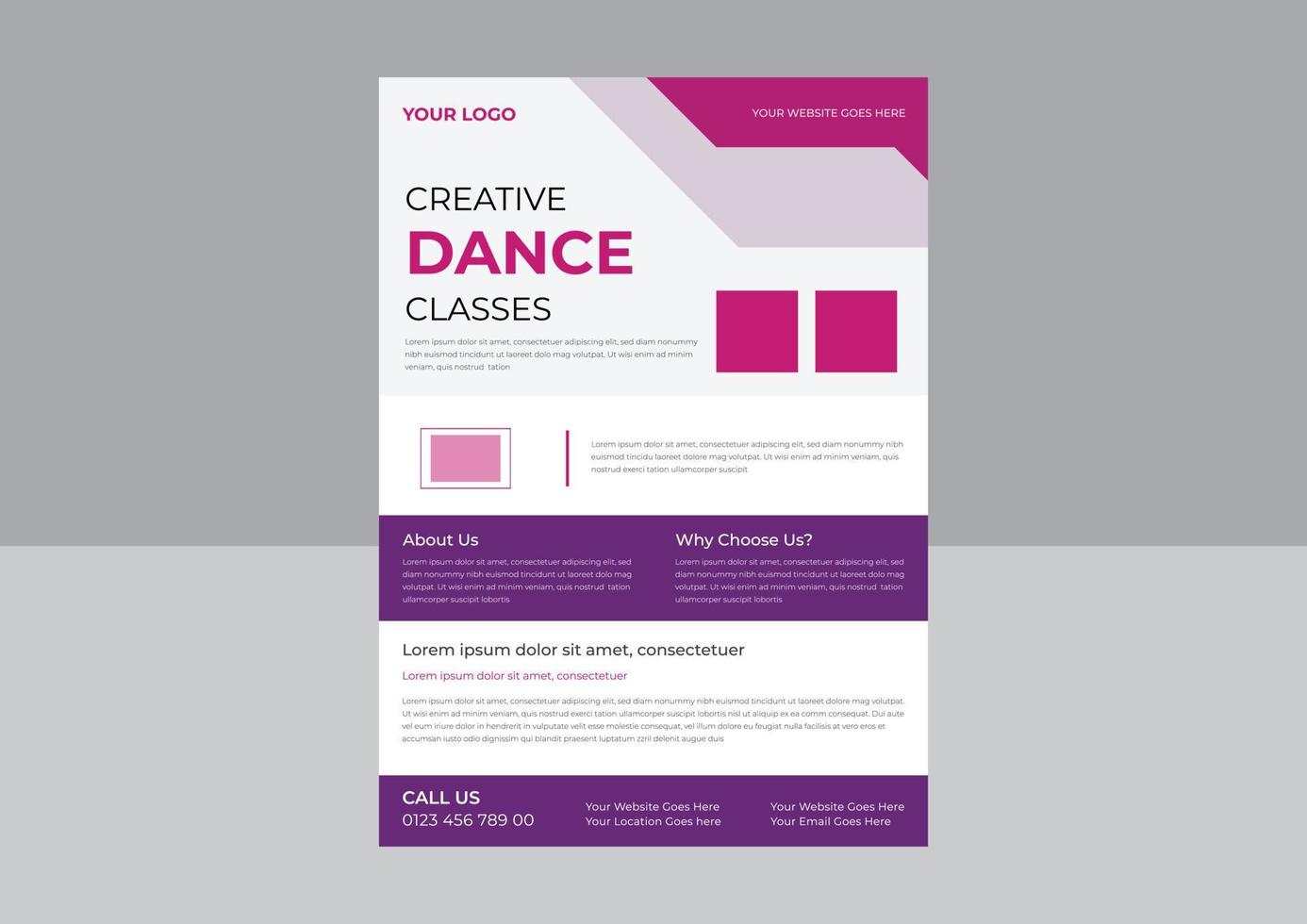 plantilla de volante de estudio de danza, volante promocional de afiche de estudio de danza, diseño de folleto de afiche de clase de danza. plantilla a4, diseño de folleto, portada, folleto, póster, listo para imprimir vector