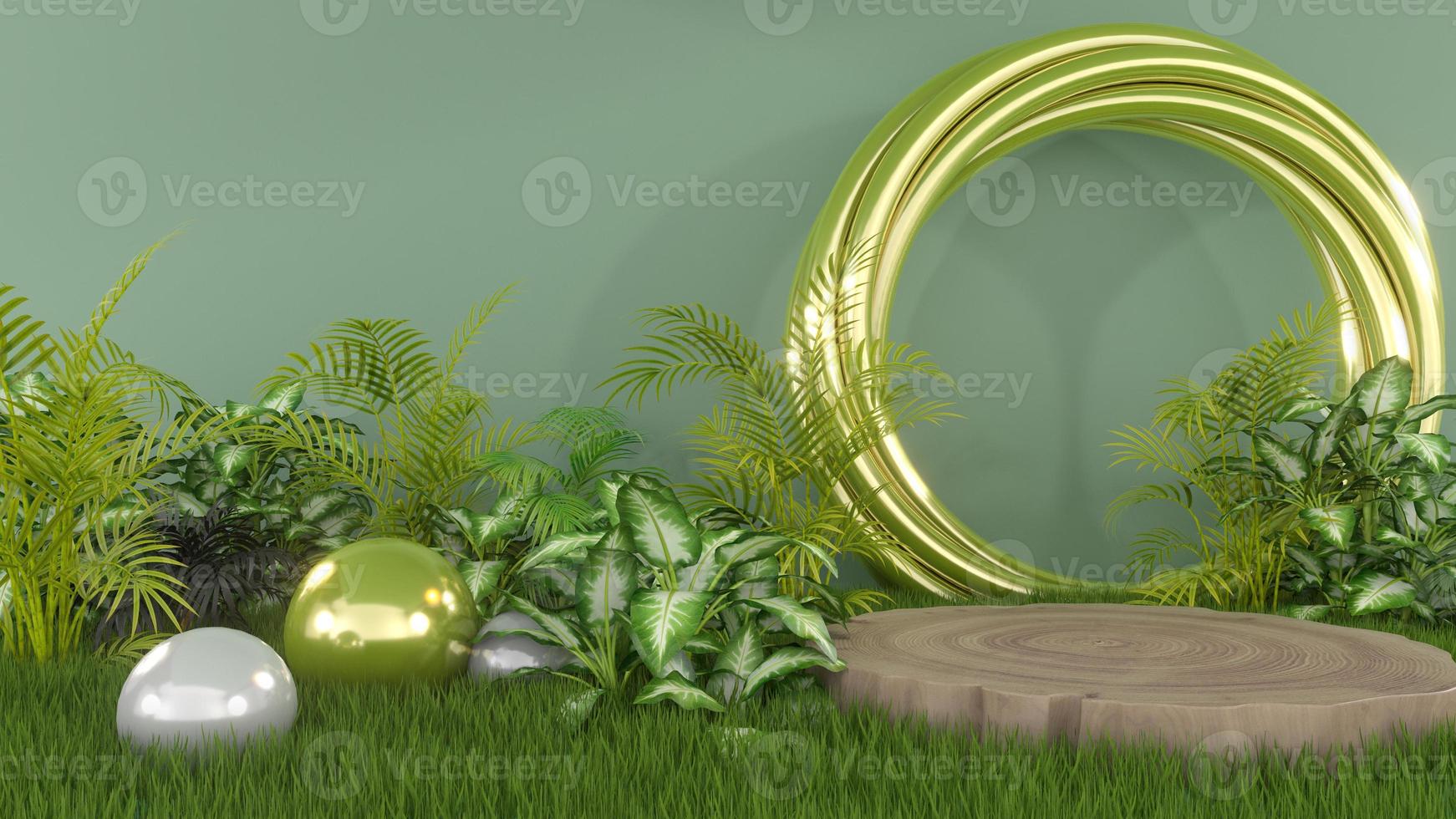 3D render for nature leaf with gold twist circle background on  real wood podium with premium product photo