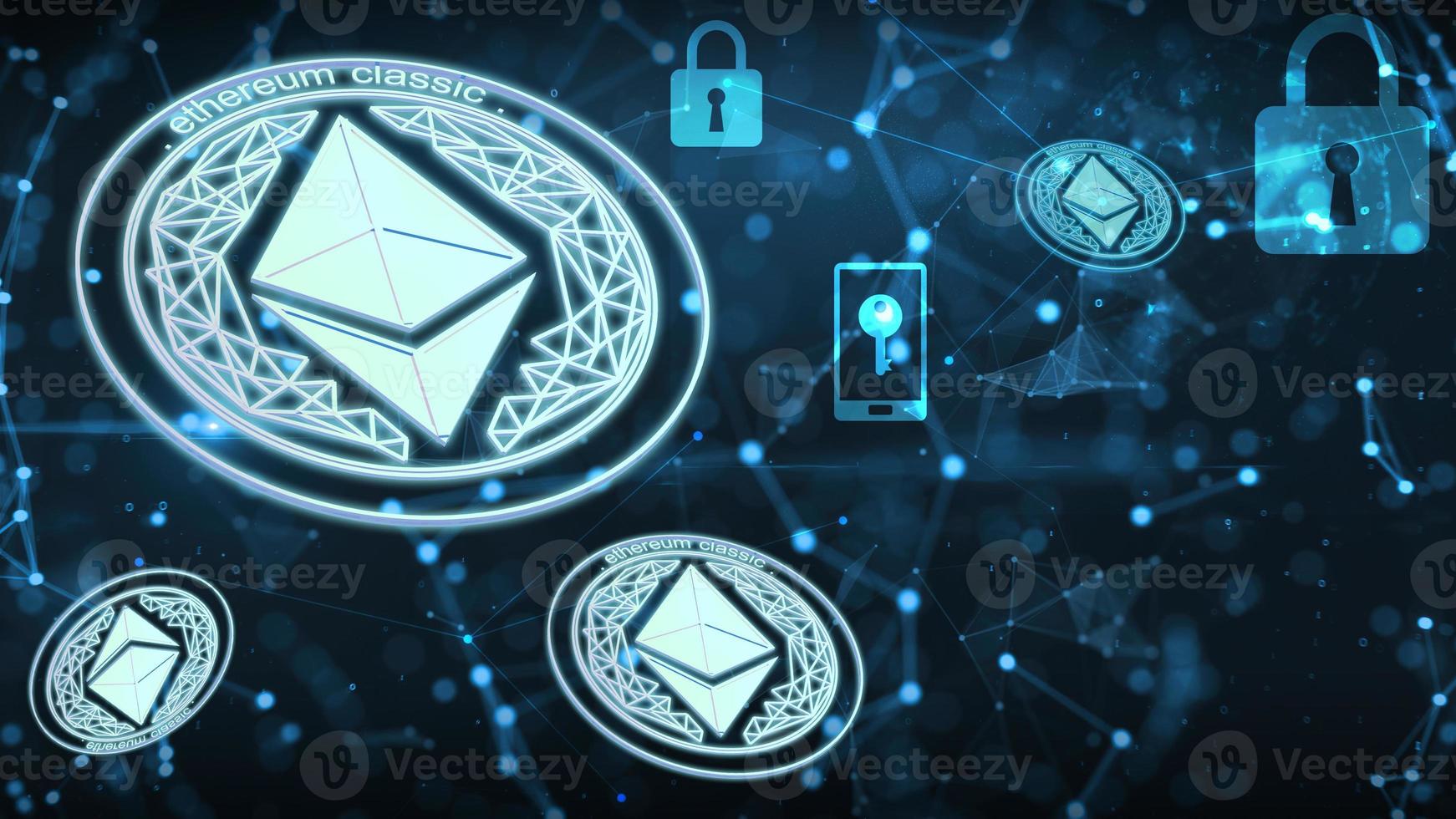 3d renderizar ethereum para criptomonedas en el futuro fondo azul. foto