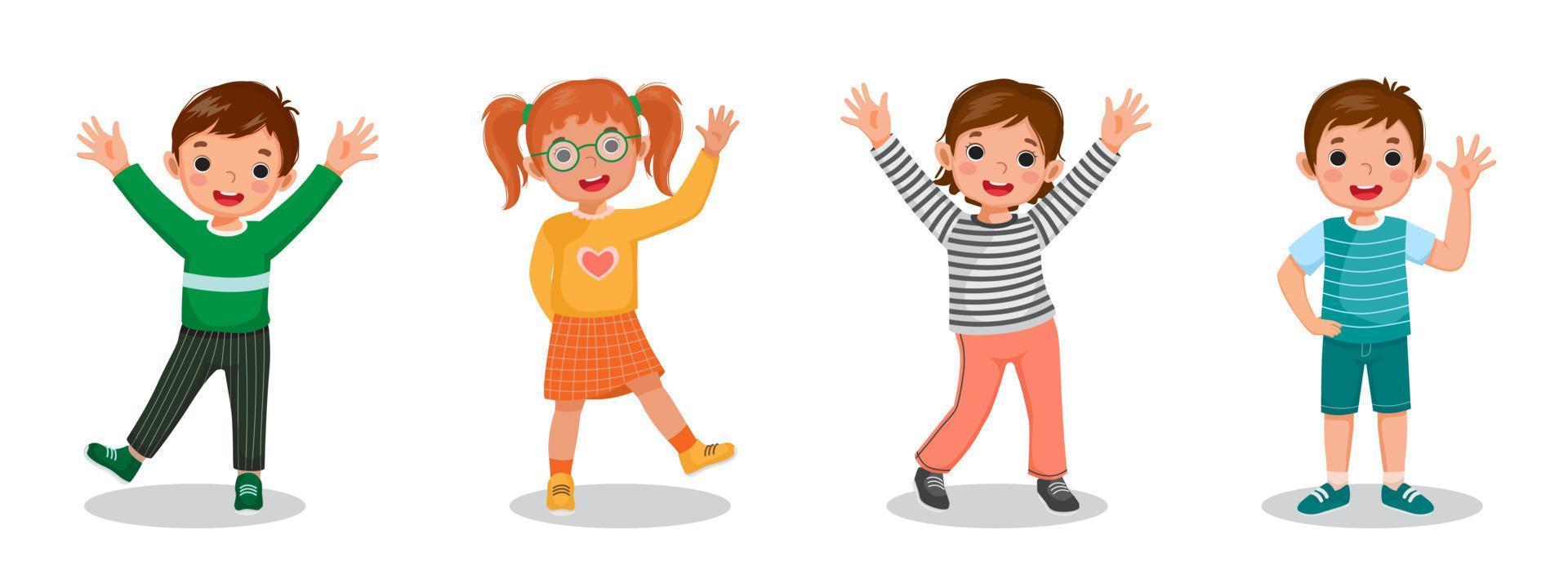 Cute happy kids raising and waving hands greeting in many expressions and poses. Such as hands in the pocket and behind back styles. Group smiling little boys and girl vector standing together.