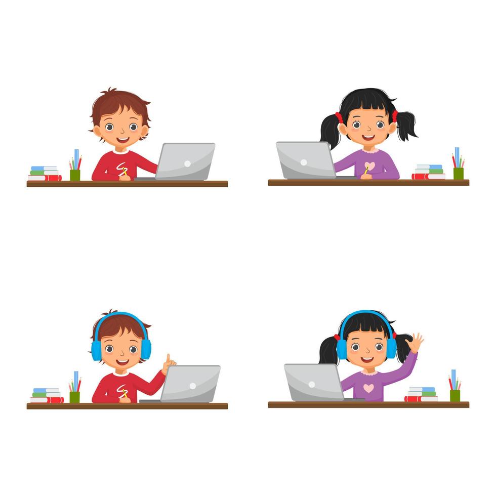 conjunto de niños y niñas felices vectoriales estudiando y haciendo deberes en línea usando una computadora portátil usando auriculares en casa. concepto de educación en línea y educación en el hogar. vector