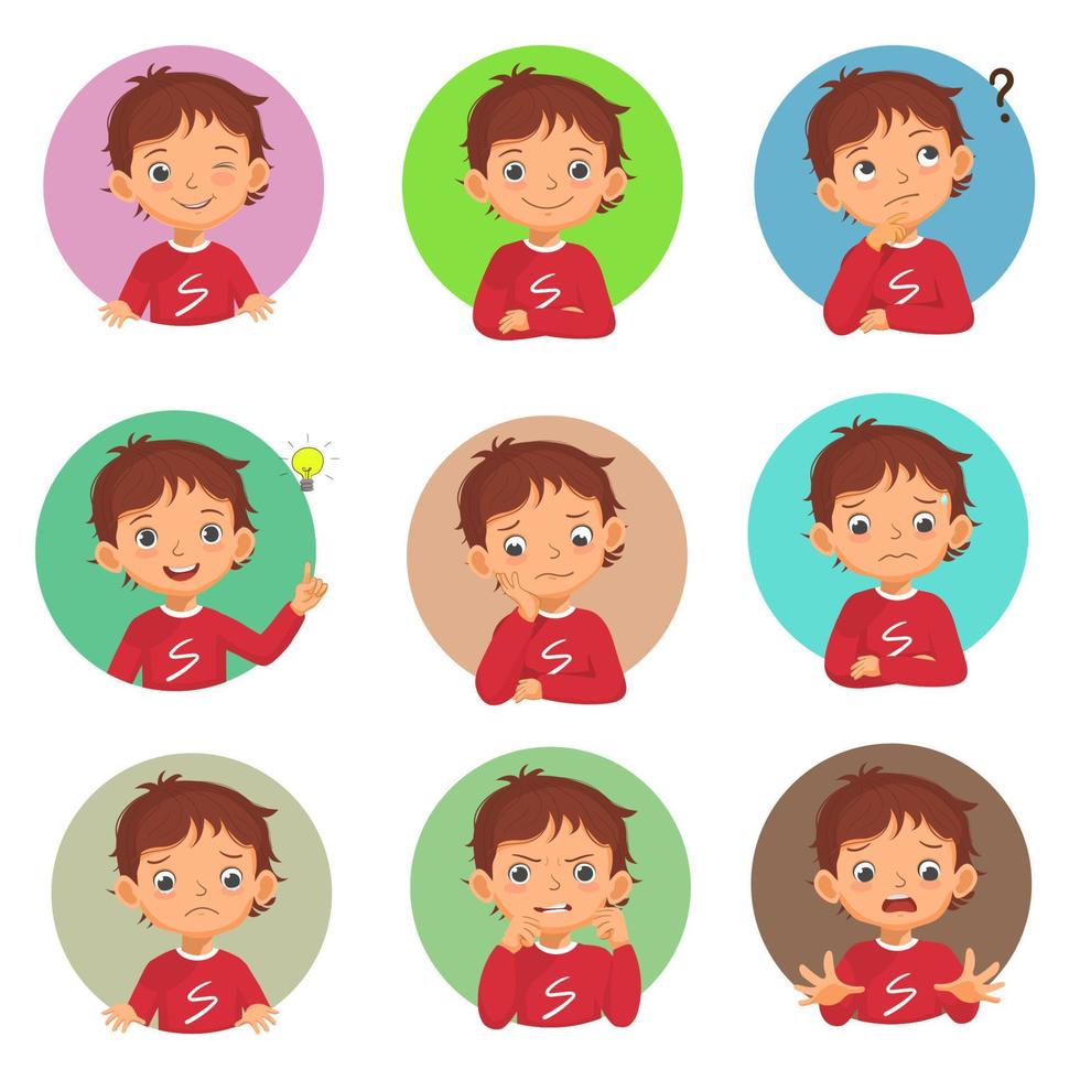 conjunto de expresiones faciales de niño pequeño. vector de varias posturas de manos con diferentes emociones como guiñar, sonreír, pensar, tener una idea, aburrido, triste, preocupado, conmocionado, enojado.