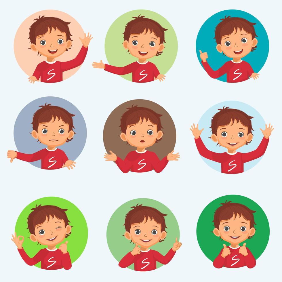 Little boy facial expressions emotions avatar set. Vector of various hands gestures with different postures such as okay, thumb up, pointing finger, waving hands, no idea sign.