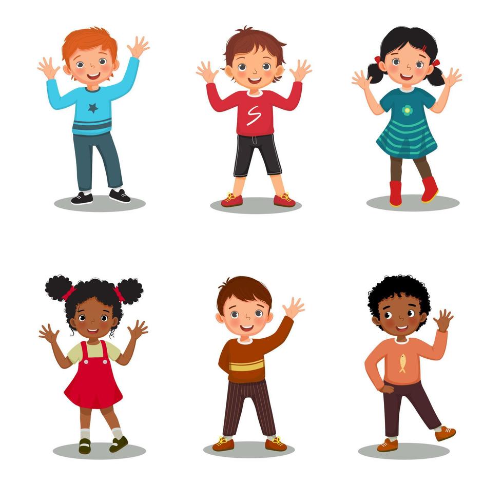 grupo de niños felices saludando con las manos en diferentes expresiones y poses, como las manos en el gesto de la cintura. ilustración vectorial de un grupo de niños y niñas lindos de pie con caras sonrientes. vector