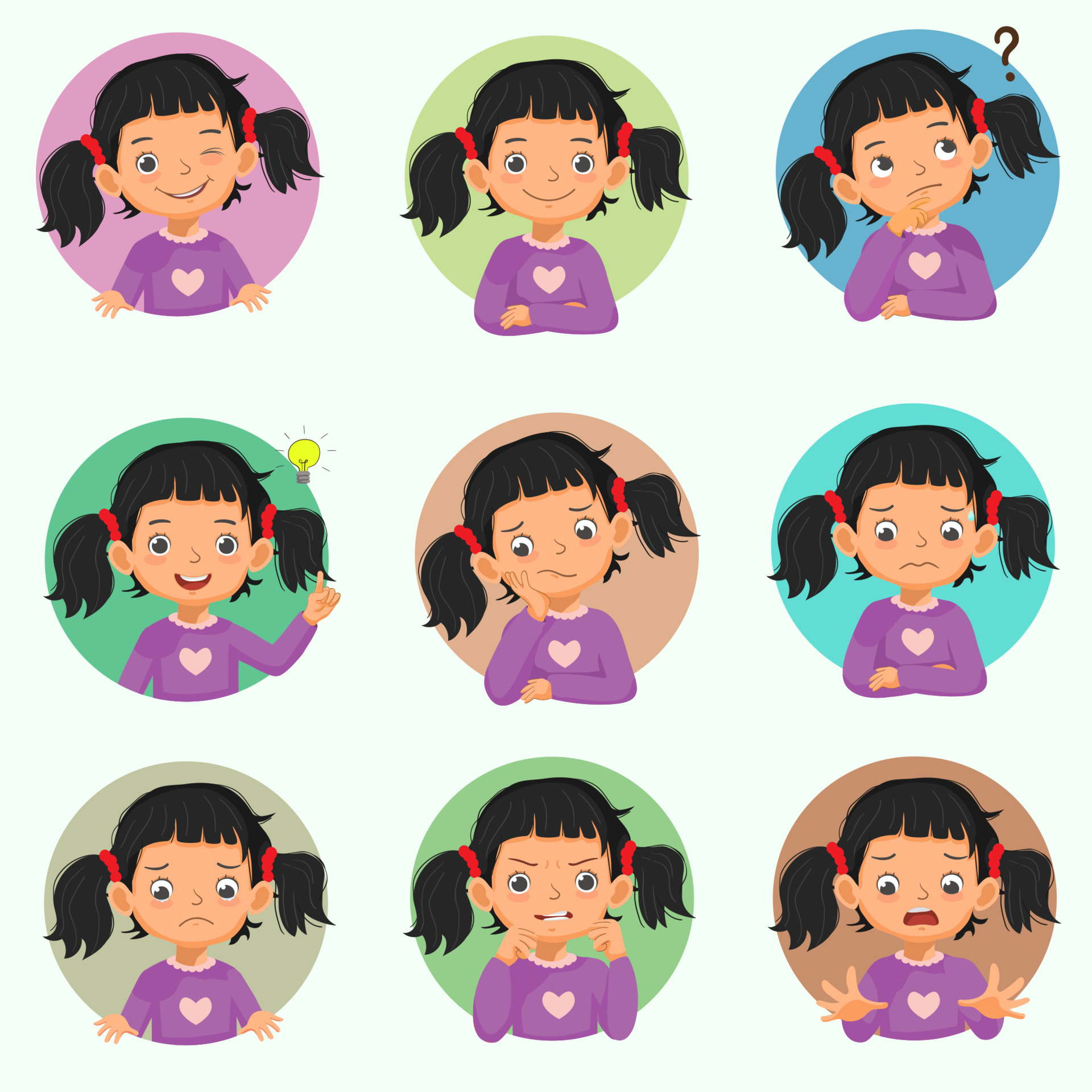 Little girl facial expressions set. Vector of various hands postures ...