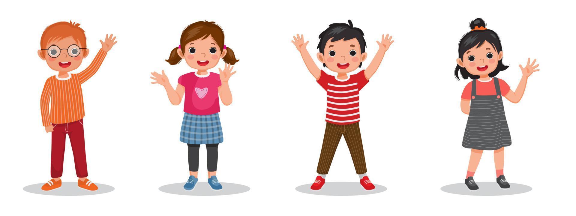 Cute happy kids raising and waving hands greeting in many expressions and poses. Such as hands in the pocket and behind back styles. Group smiling little boys and girl vector standing together.