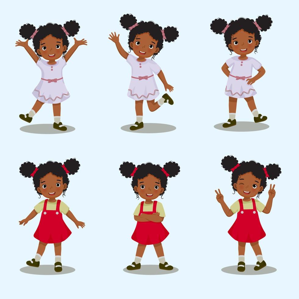 little African girl with hands and legs gestures in different standing poses, such as raising hands, waving, hand on the hip, crossed arm and standing with one leg vector