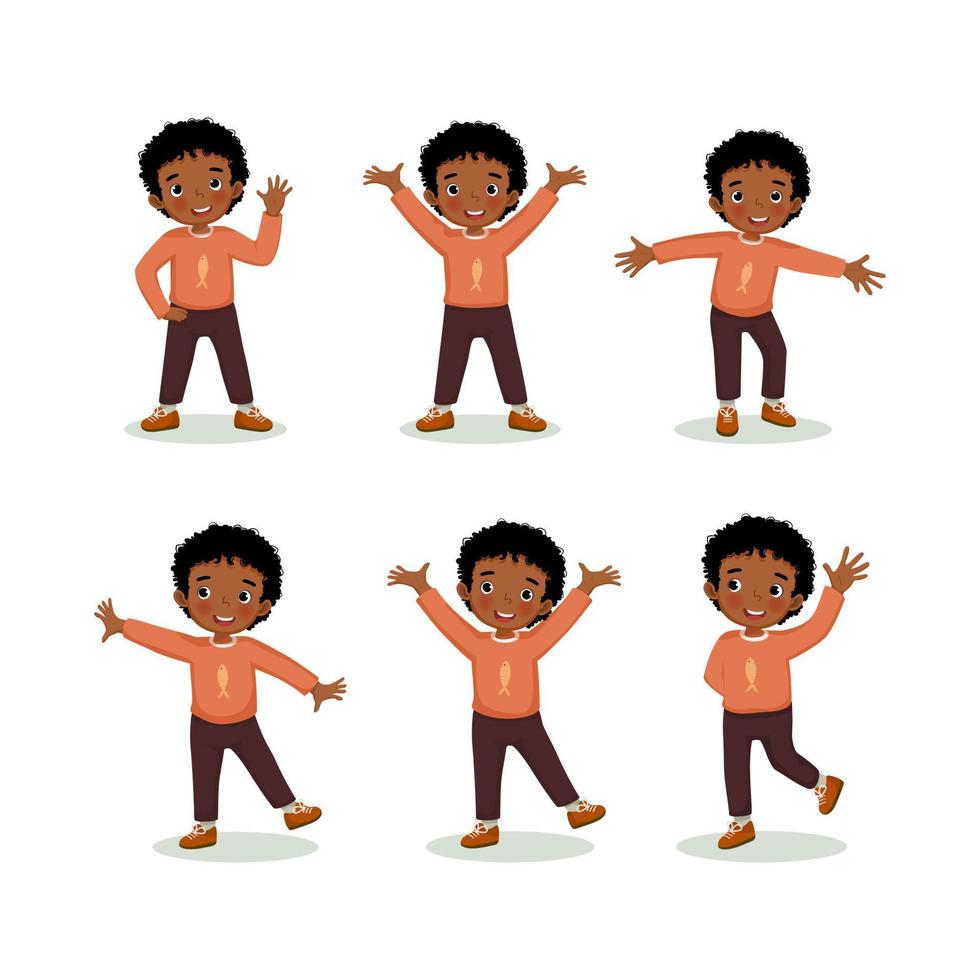 Set of vector illustration of a happy little boy with different poses and various hands gestures and legs positions such as hand on waist, waving hand, standing with one leg, and raising hands.