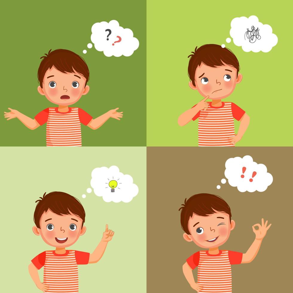 conjunto de vectores de niños pequeños con diferentes procesos de pensamiento desde hacer preguntas, confundirse, buscar ideas, tener una idea y resolver problemas con éxito. concepto de búsqueda de soluciones para niños