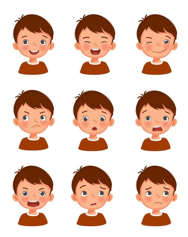 lindo conjunto de expresiones faciales de niño pequeño. vector de niños se enfrenta a la ilustración con diferentes emociones como feliz, sonriente, riendo, guiñando, enfurruñado, sorprendido, conmocionado, enojado, confundido, preocupado.