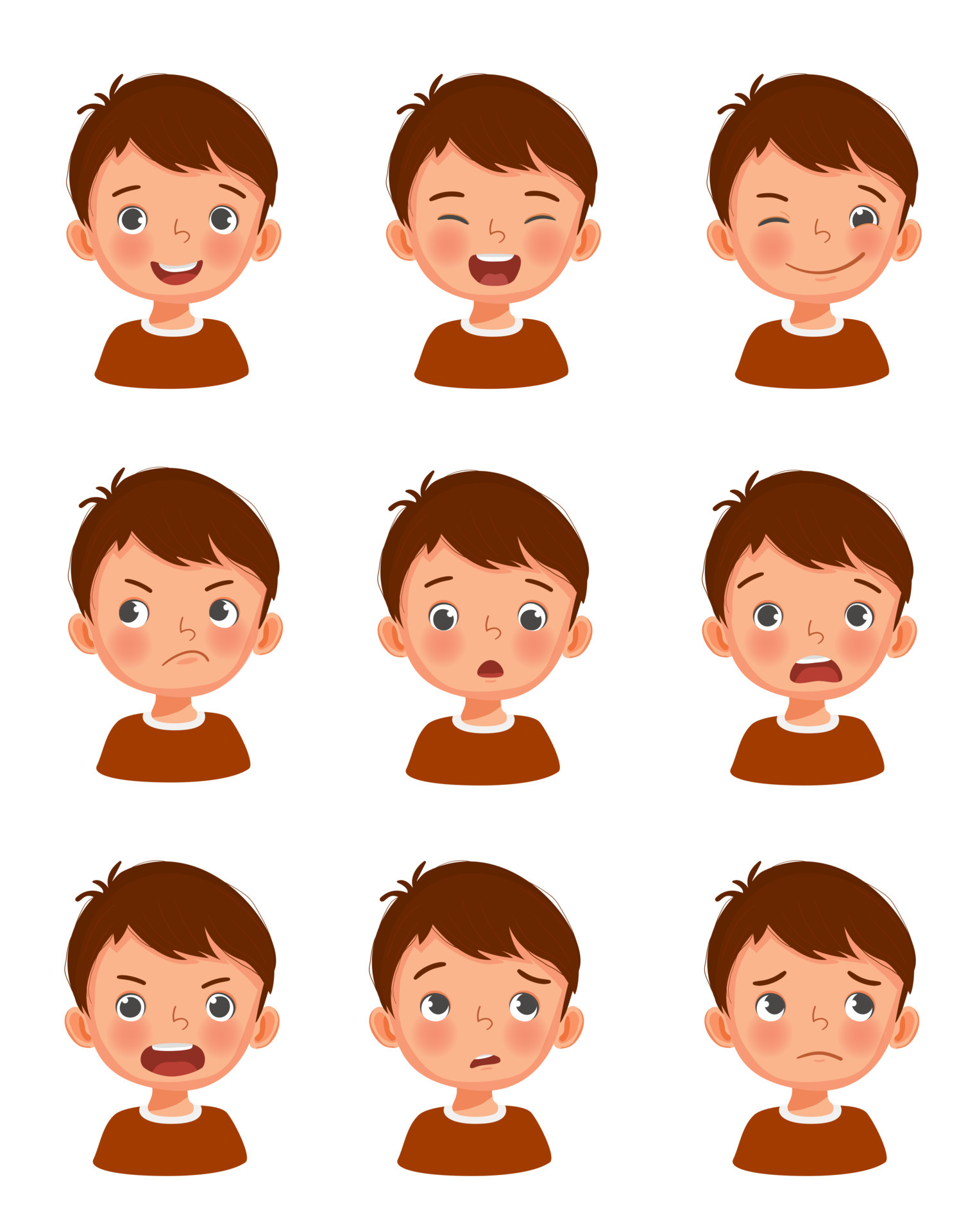 Cute little boy facial expressions set. Vector of kid faces illustration  with different emotions such as happy, smiling, laughing, winking, sulking,  surprised, shocked, angry, confused, worried. 7001893 Vector Art at Vecteezy