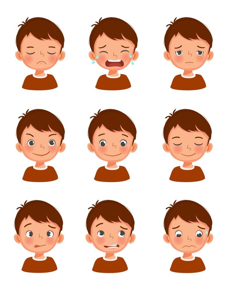 Cute little boy facial expressions set. Vector of kid faces illustration with different emotions such as sad, crying, tired, excited, playful, in love, cheerful, silly face, embarrassed, and regret