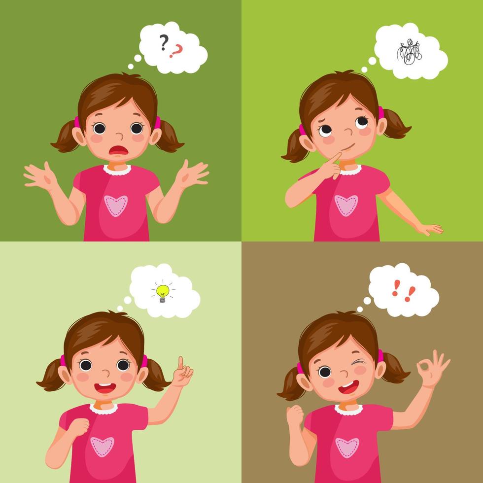 Set of vector of little girl with different thinking process from asking questions, confused, searching for ideas, got an idea, and success solve problems. kid search for solutions concept.