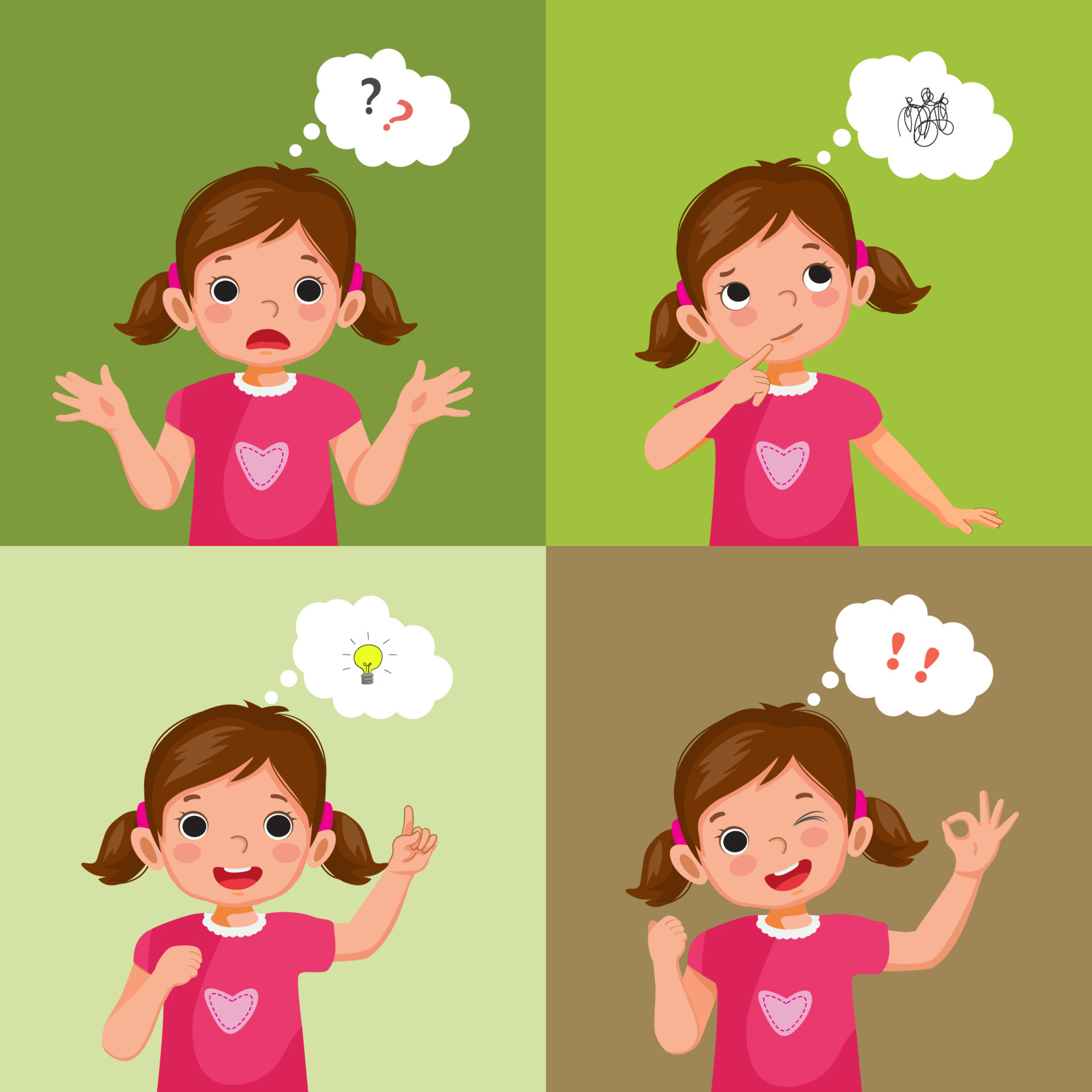Set of vector of little girl with different thinking process from