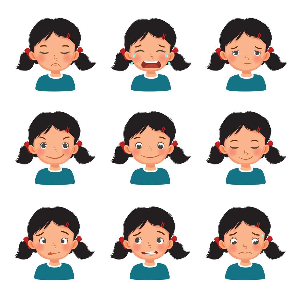 linda niña con conjunto de expresiones faciales. vector de caras de niños con diferentes emociones como triste, llorando, cansada, emocionada, juguetona, enamorada, pacífica, alegre, cara tonta, avergonzada, arrepentida