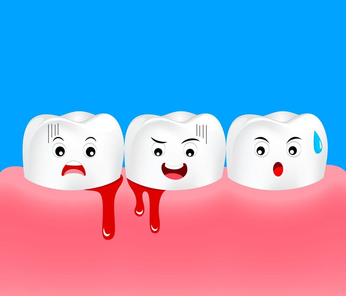 Cute cartoon tooth character with gum problem. vector